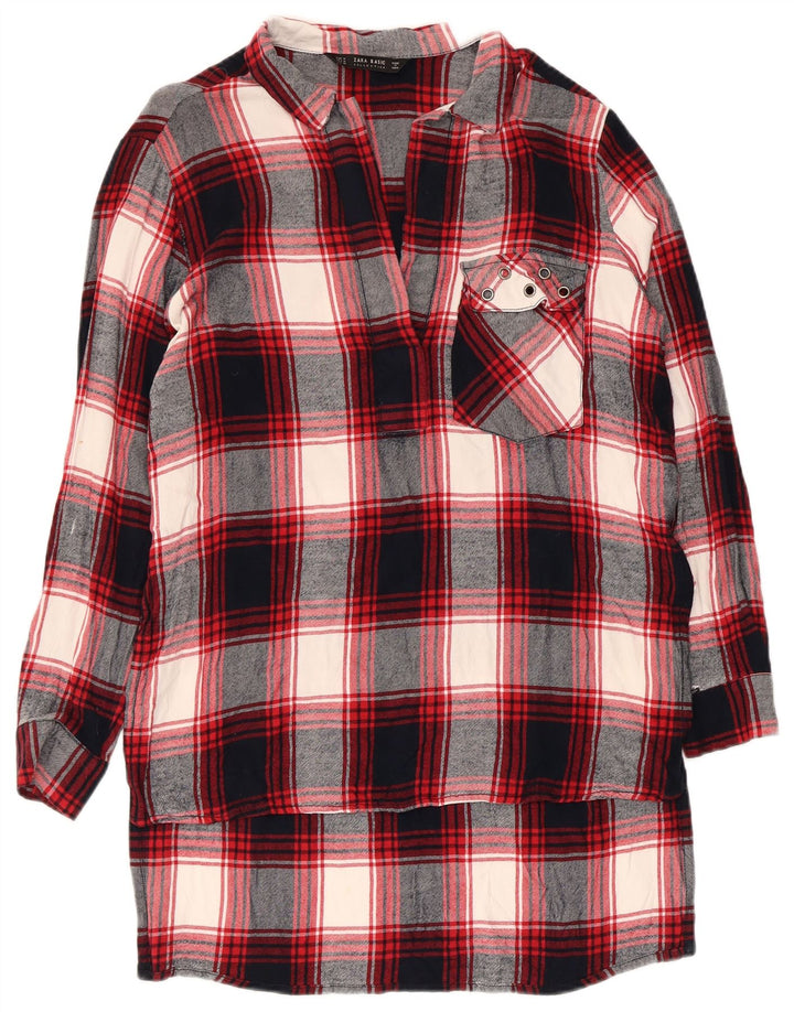 Zara Damen Longline-Pullover-Flanellhemd UK 14 Mittelrot karierte Viskose