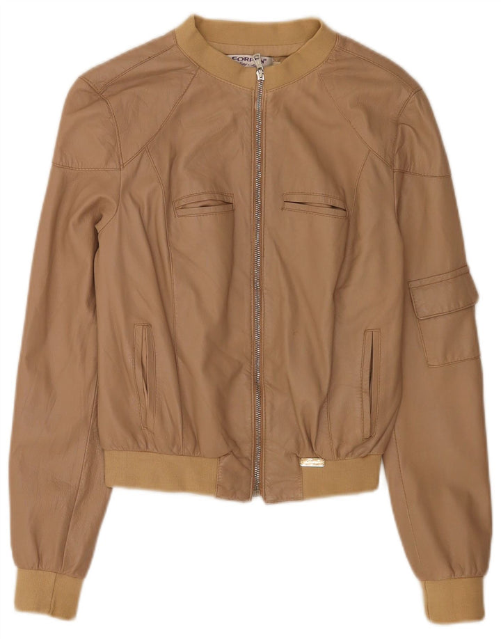 Forpen Damen Crop Leder Bomberjacke UK 10 Small Beige