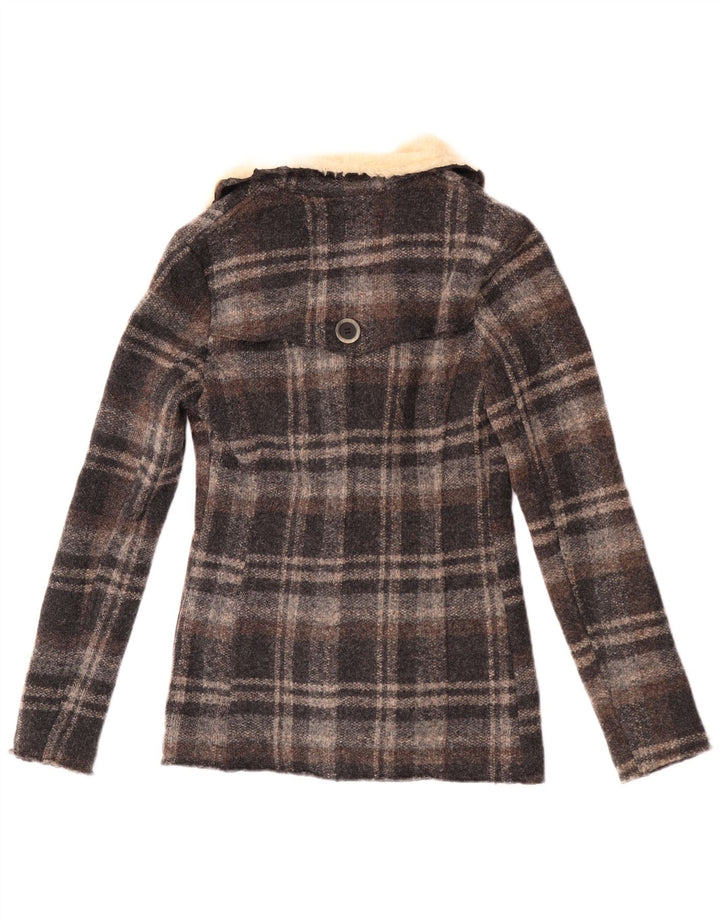 Vintage Damen Pea Coat IT 42 Mittelgrau karierte Wolle