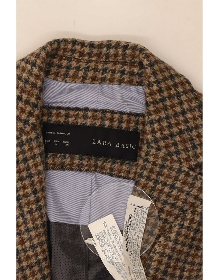 Zara Damen-Blazerjacke mit 1 Knopf, UK 10, kleine braune Wolle mit Hahnentrittmuster