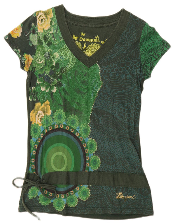 Desigual Damen Grafik-T-Shirt-Oberteil UK 12 Mittelgrün