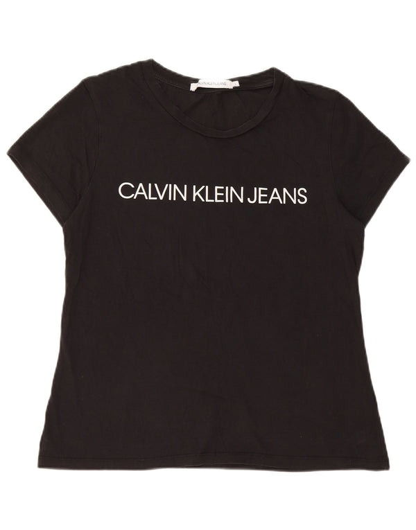 Calvin Klein Jeans Damen Grafik T-Shirt Top UK 14 Große schwarze Baumwolle