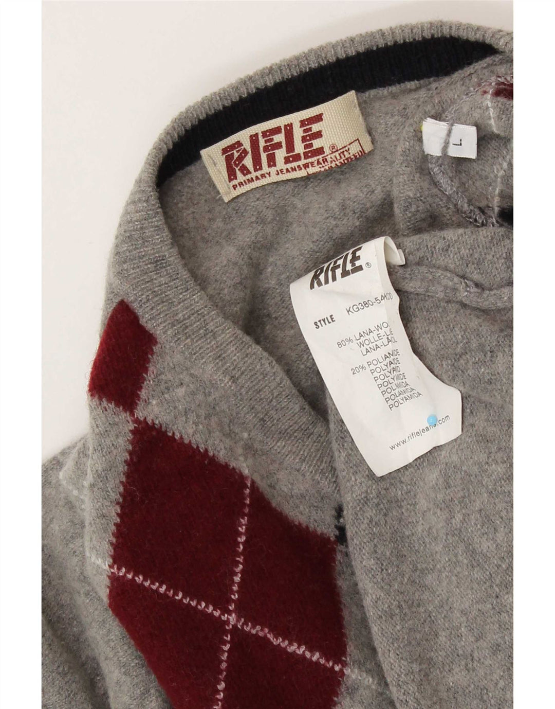 Rifle Herren-Pullover mit V-Ausschnitt, groß, graue Argyle-/Diamantwolle