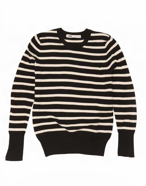 Zara Womens Boat Neck Jumper Sweater UK 12 Medium Black Striped Viscose