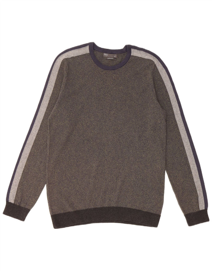 Marks & Spencer Herren-Pullover mit Rundhalsausschnitt, Größe S, Khaki, gestreift, Baumwolle