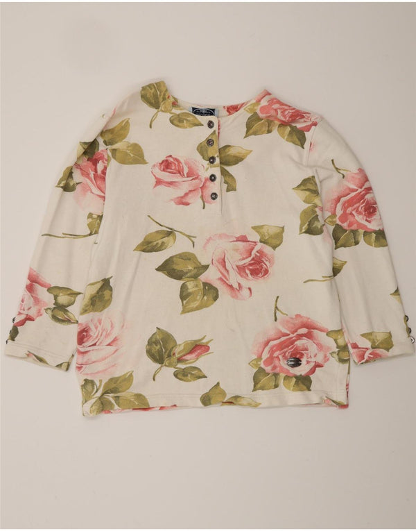 VINTAGE Damen Top Langarm UK 16 Large Off White Floral Cotton