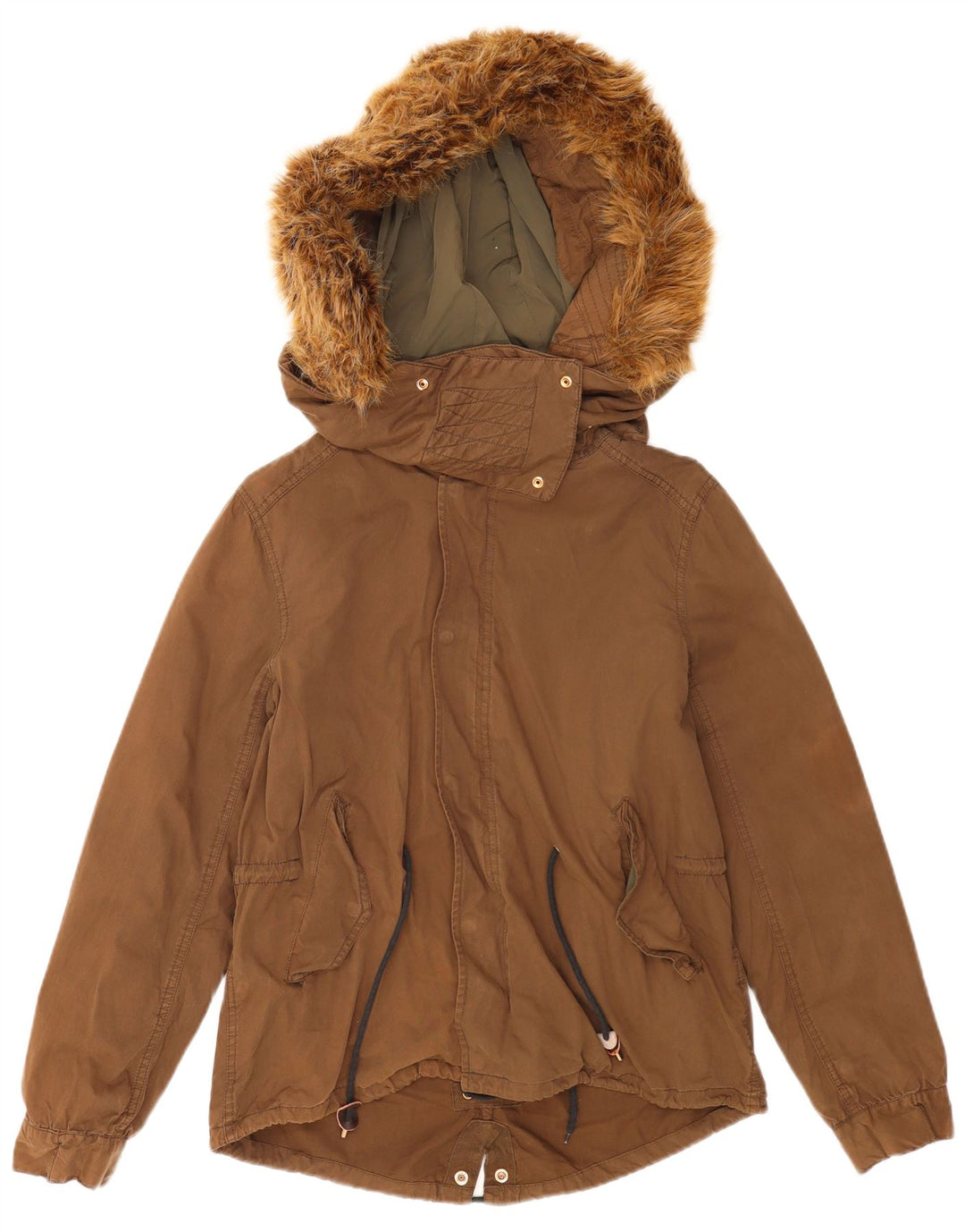 Übergroße Parka-Jacke mit Kapuze von Zara für Damen, UK 10, Größe S, braun, Polyester