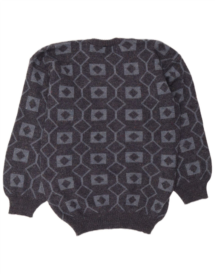 Vintage Herren Pullover mit Rundhalsausschnitt, Mittelgrau, geometrisches Acryl