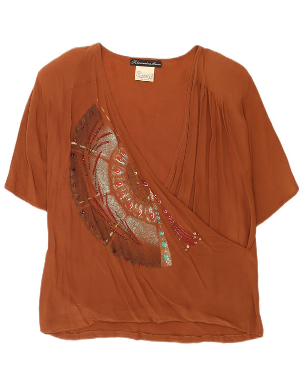 Ricamo A Mano Damen Bluse Top IT 48 XL Braunes Acetat