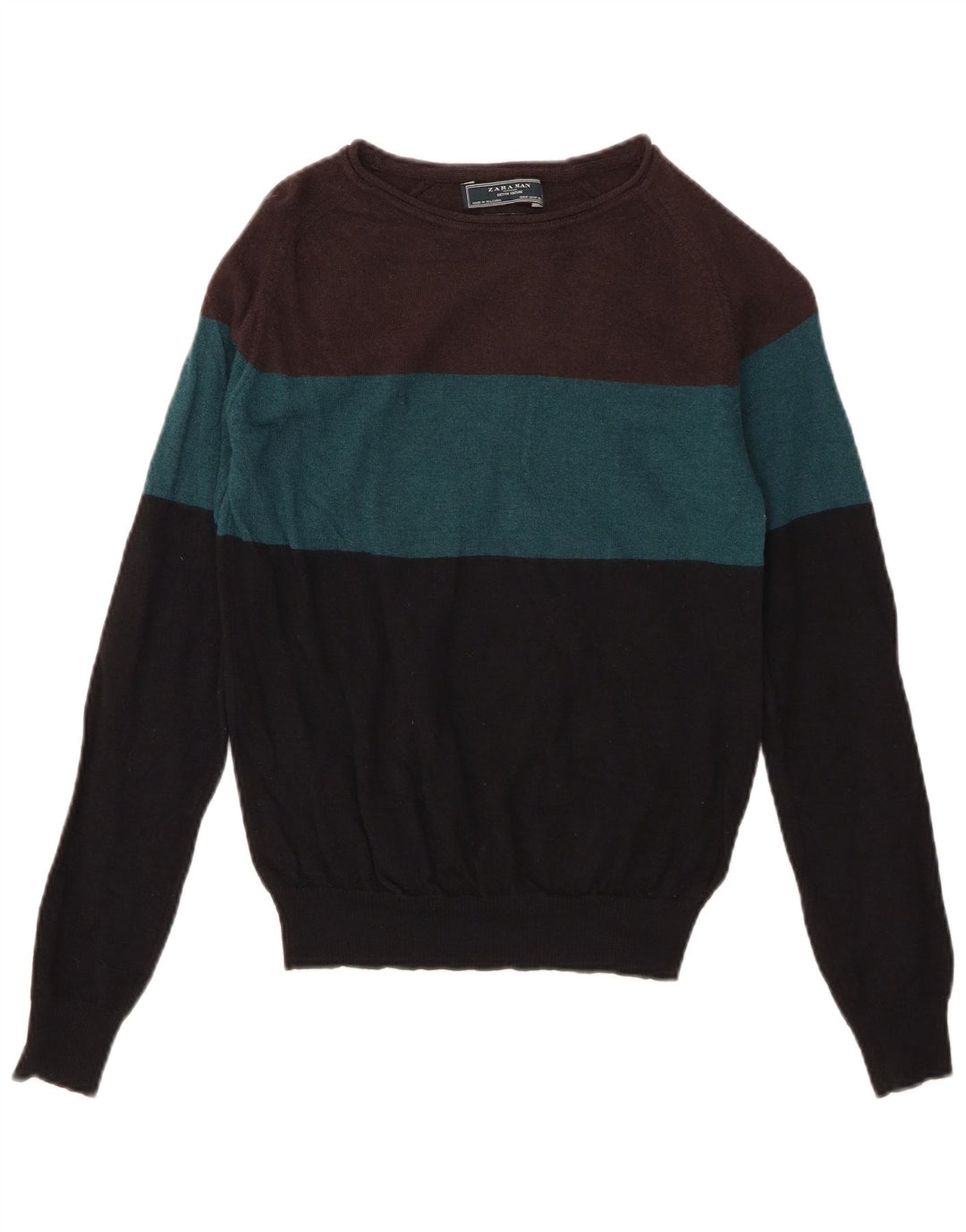 Zara Herren-Pullover mit U-Boot-Ausschnitt, mittelgroße, mehrfarbige Colourblock-Wolle