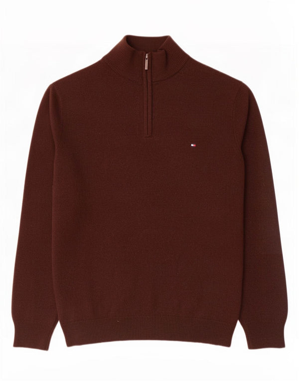 Tommy Hilfiger Mens Zip Neck Jumper Sweater Large Brown Lambswool