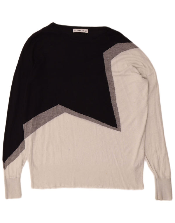 Zara Damen-Pullover mit U-Boot-Ausschnitt, Größe S, Marineblau, Farbblock