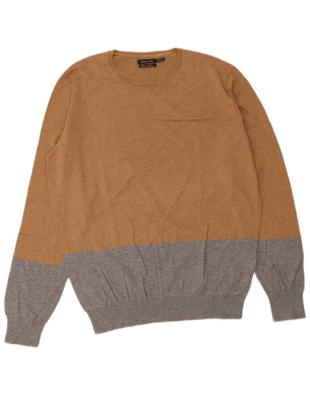 Massimo Dutti Herren-Pullover mit Rundhalsausschnitt aus mittelbrauner Colourblock-Baumwolle