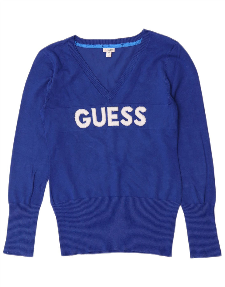 Guess Damen-Pullover mit grafischem V-Ausschnitt, Größe S, Blau, Viskose