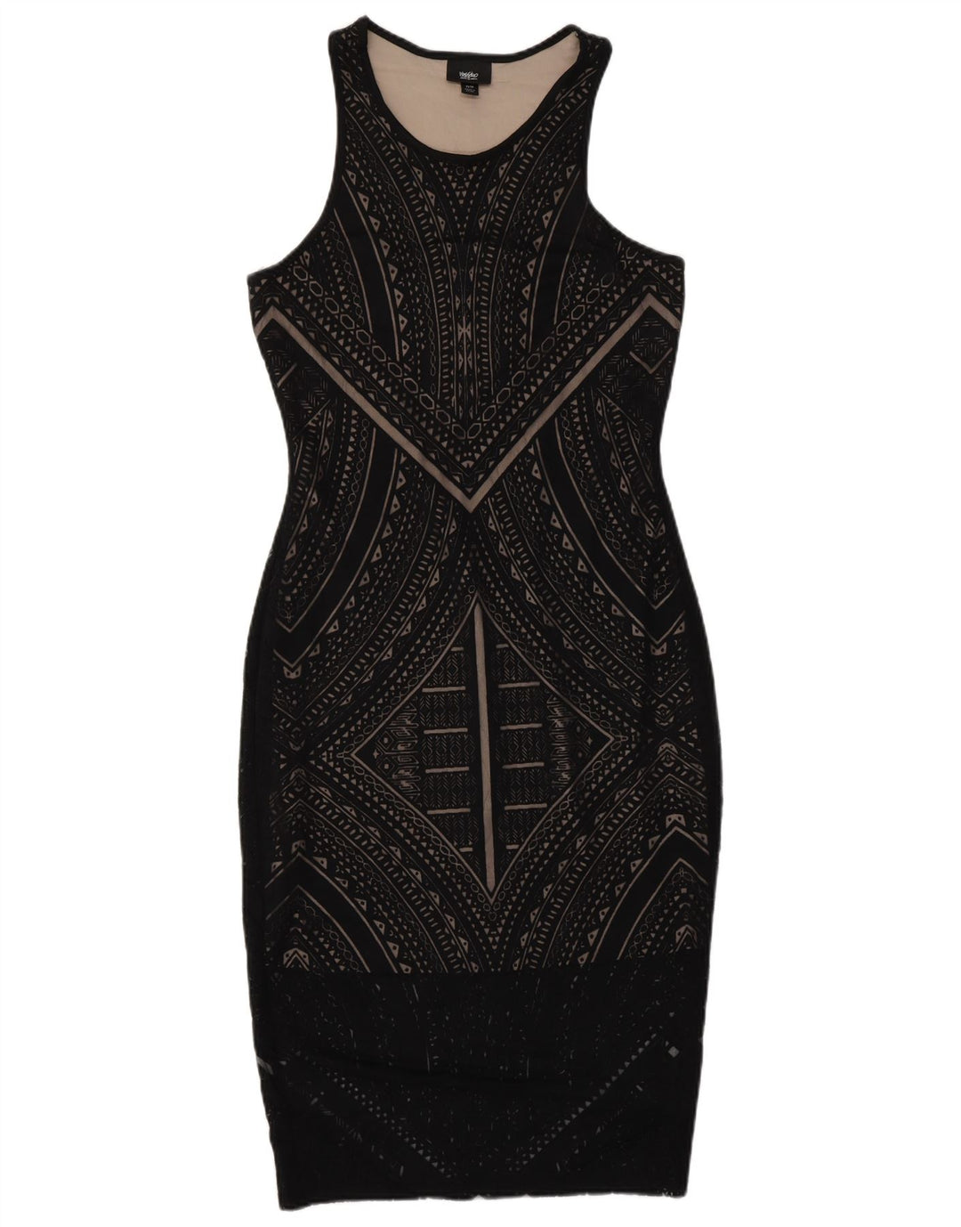 MOSSIMO Ärmelloses, figurbetontes Damenkleid UK 6 XS Schwarzer geometrischer Rayon