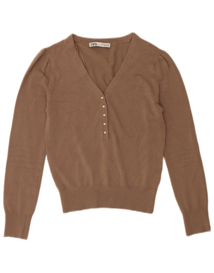 Zara Damen-Pullover mit V-Ausschnitt, UK 12, mittelbraune Viskose