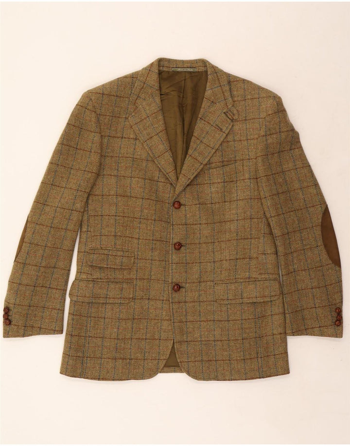 VINTAGE Herren 3-Knopf-Blazerjacke IT 52 XL Khaki karierte Wolle