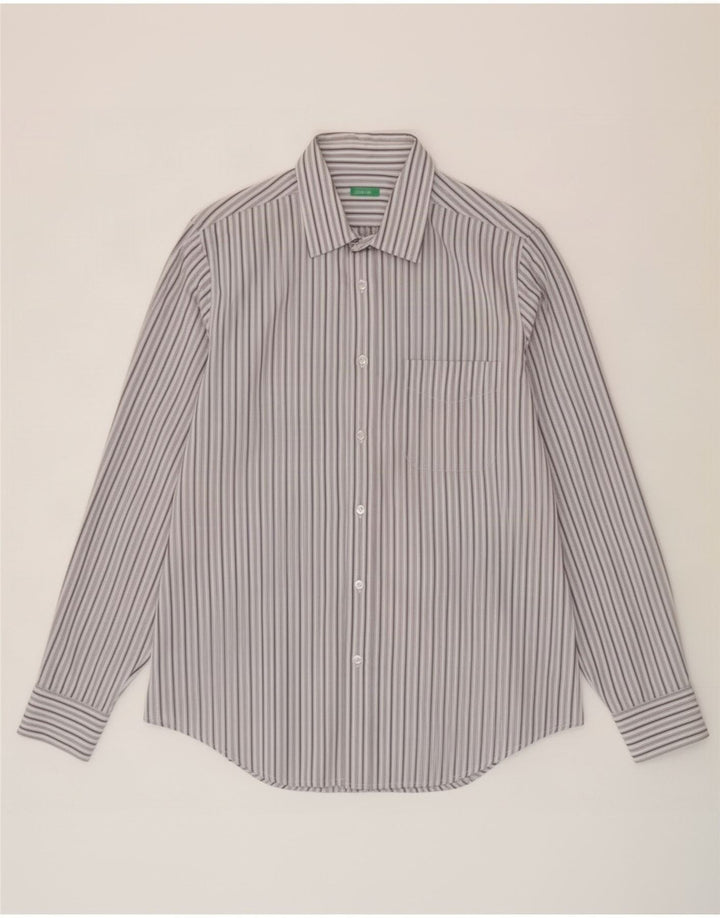 Benetton Herren-Hemd, groß, grau gestreift, Baumwolle