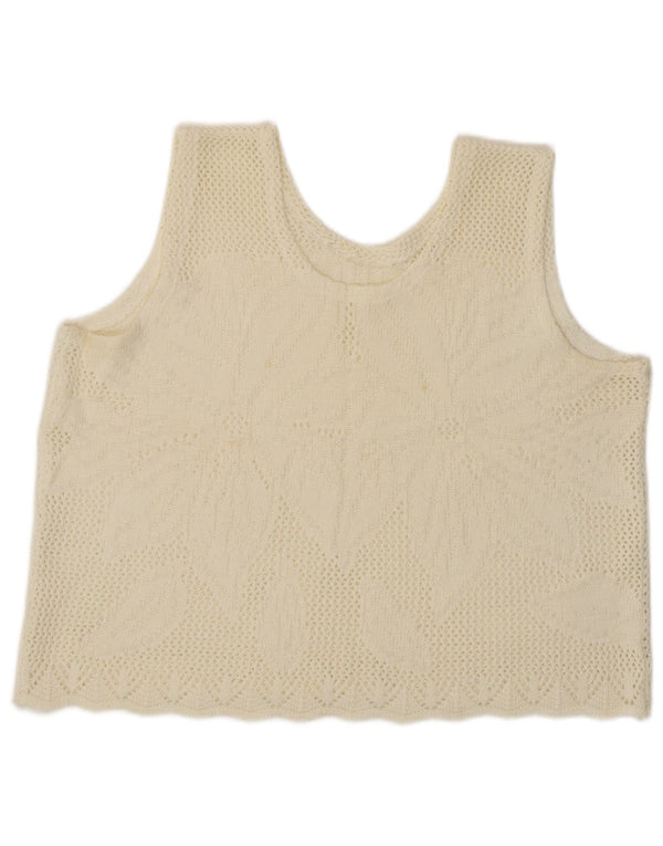 Vintage Damen Crop Weste Tank Top UK 16 Large Off White Floral