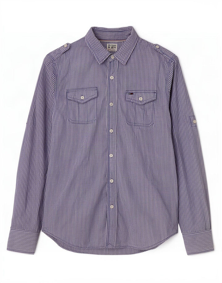 Tommy Hilfiger Herren-Militärhemd, kleine blaue Gingham-Baumwolle