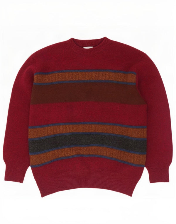 Vintage Mens Crew Neck Jumper Sweater Medium Burgundy Striped