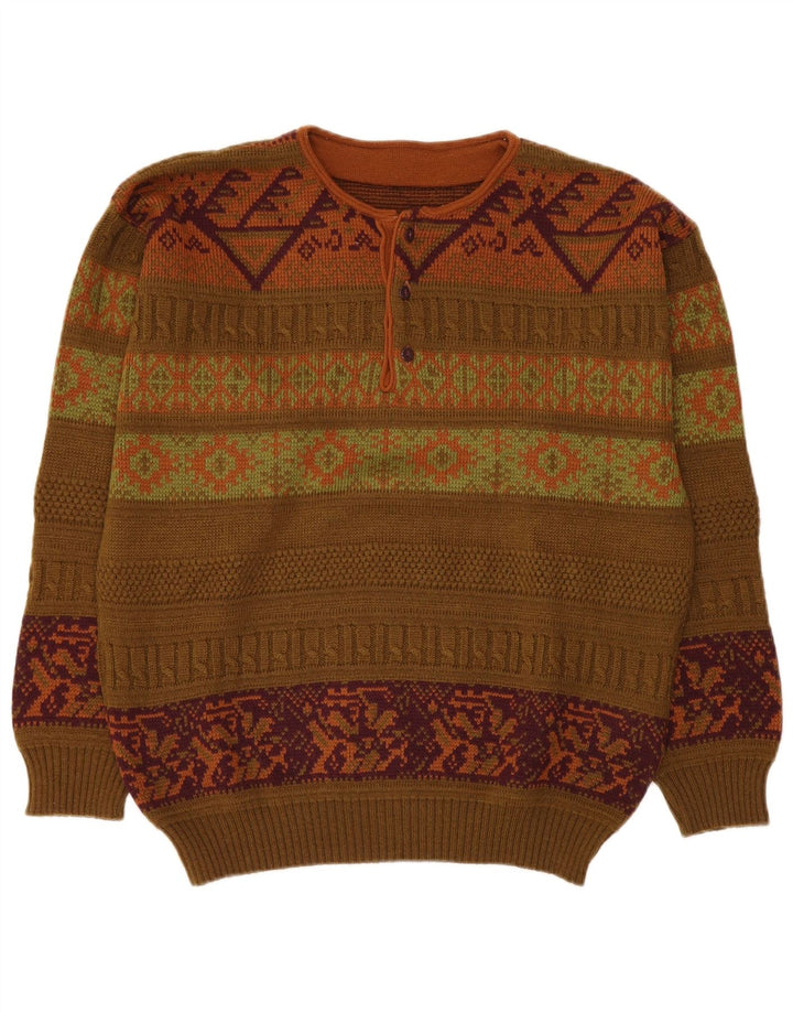 Vintage Herren-Pullover mit Knopfkragen, EU 50, mittleres Khaki, Fair Isle