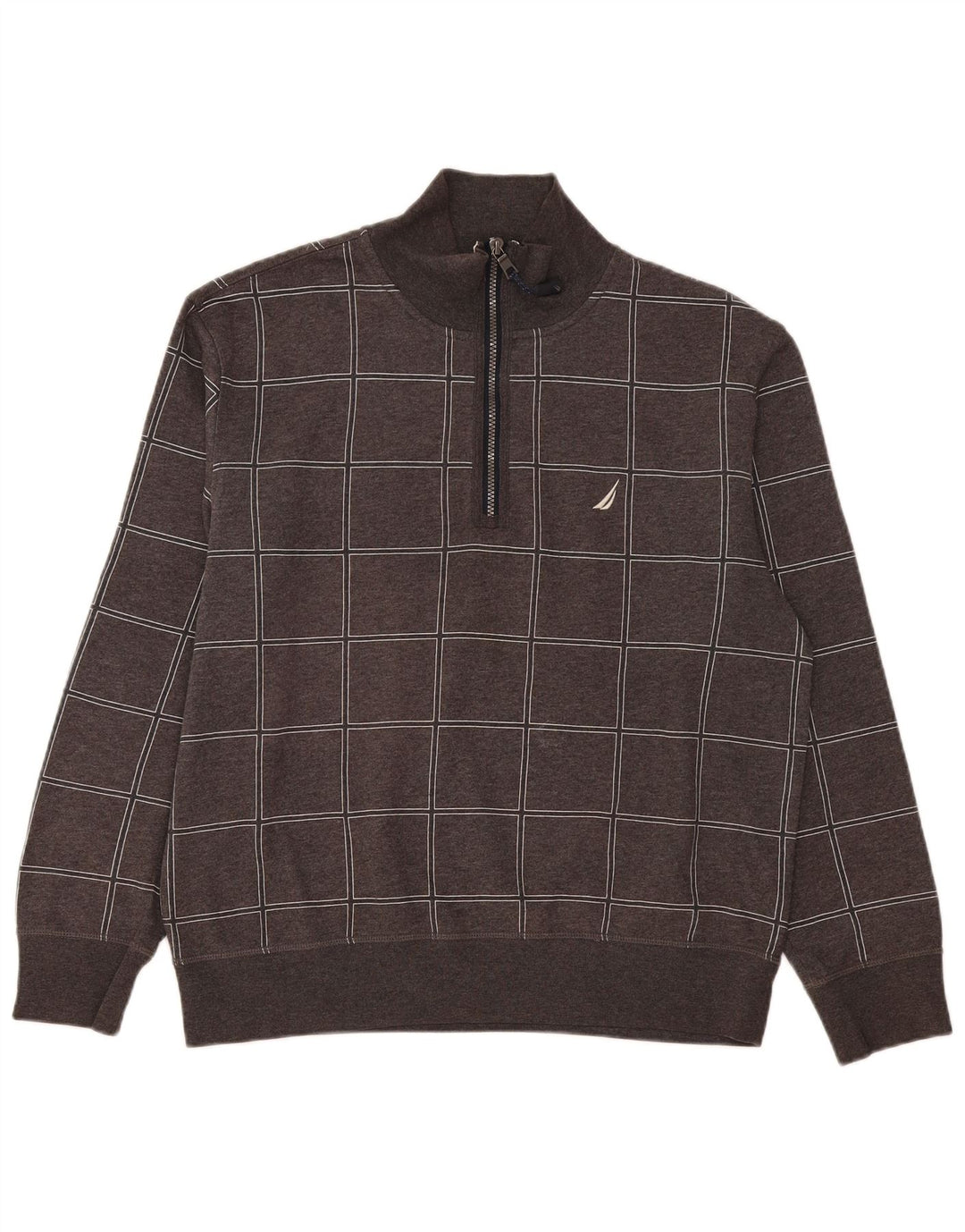 Nautica Herren-Sweatshirt mit Reißverschluss am Hals, mittelgrau karierte Baumwolle