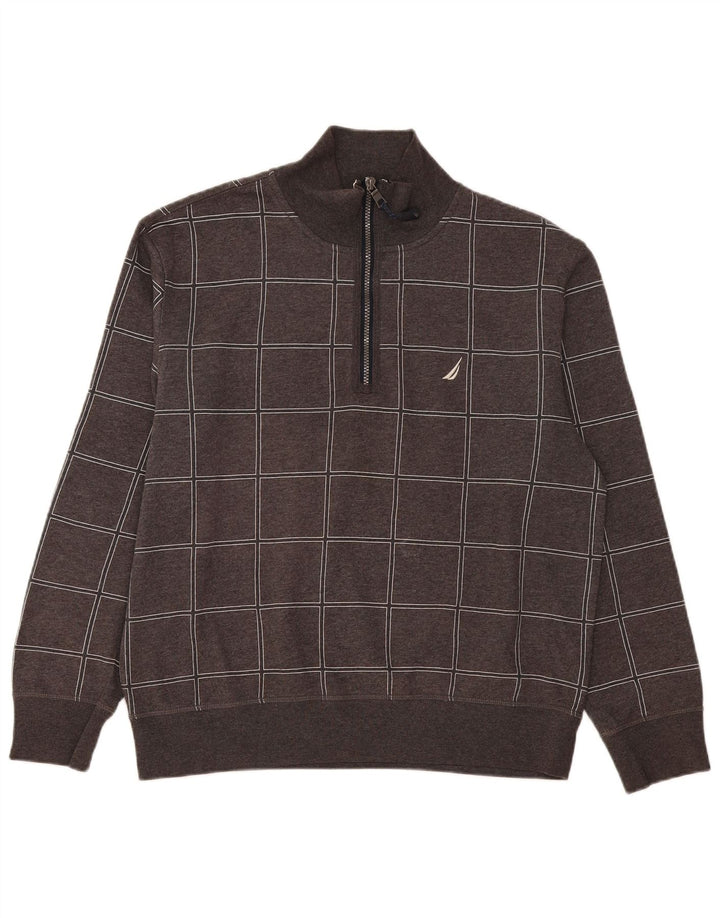Nautica Herren-Sweatshirt mit Reißverschluss am Hals, mittelgrau karierte Baumwolle