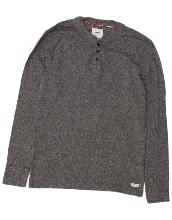 Superdry Herren Henley Top Langarm XL Grau gefleckte Baumwolle