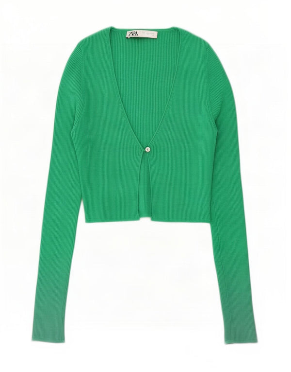 Zara Damen Crop Cardigan Pullover UK 10 Small Grünes Nylon