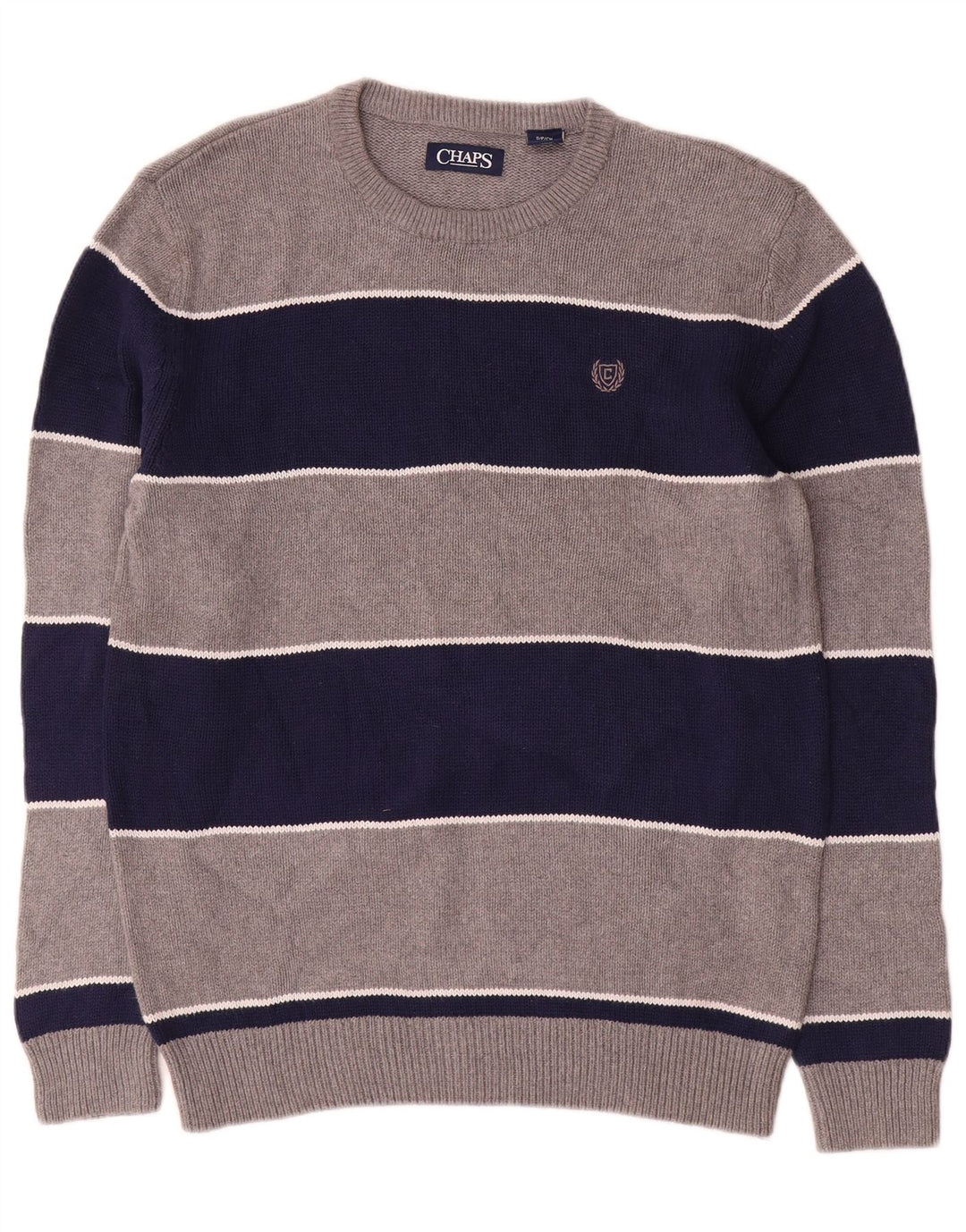 Chaps Herren-Pullover mit Rundhalsausschnitt, klein, grau gestreift, Baumwolle