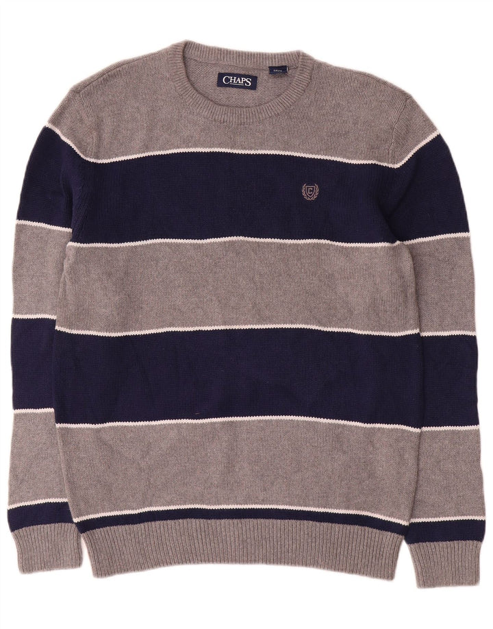Chaps Herren-Pullover mit Rundhalsausschnitt, klein, grau gestreift, Baumwolle