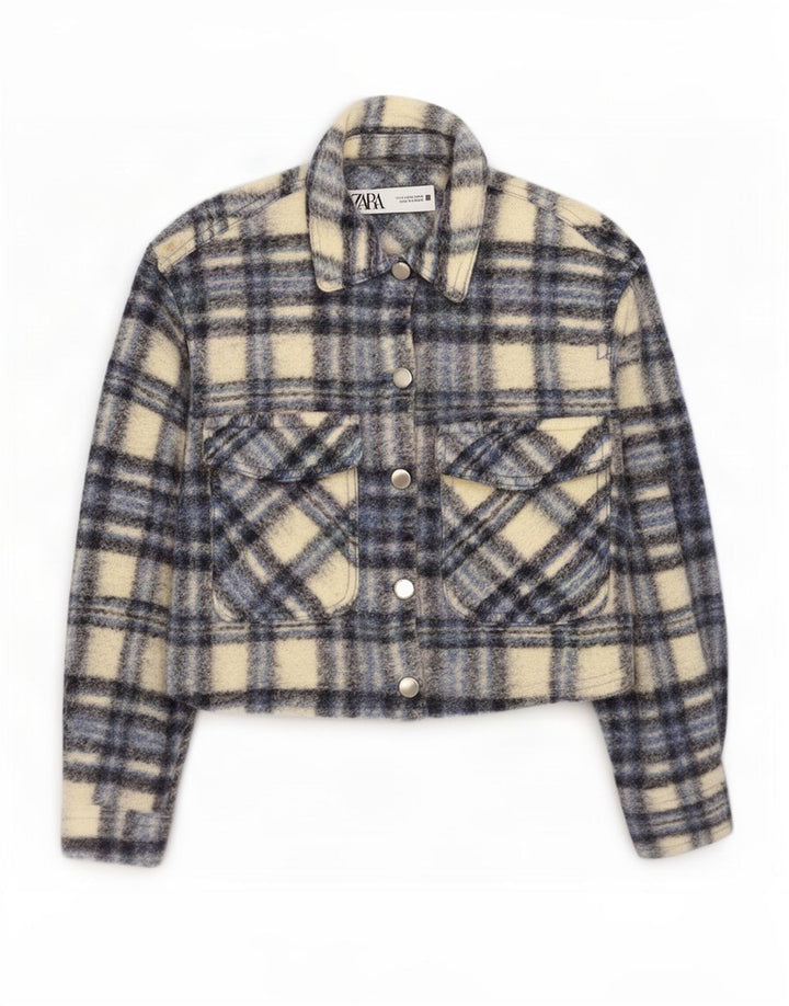 Zara Damen Crop 3/4 Ärmel übergroße Bomberjacke UK 10 Small Grey Check