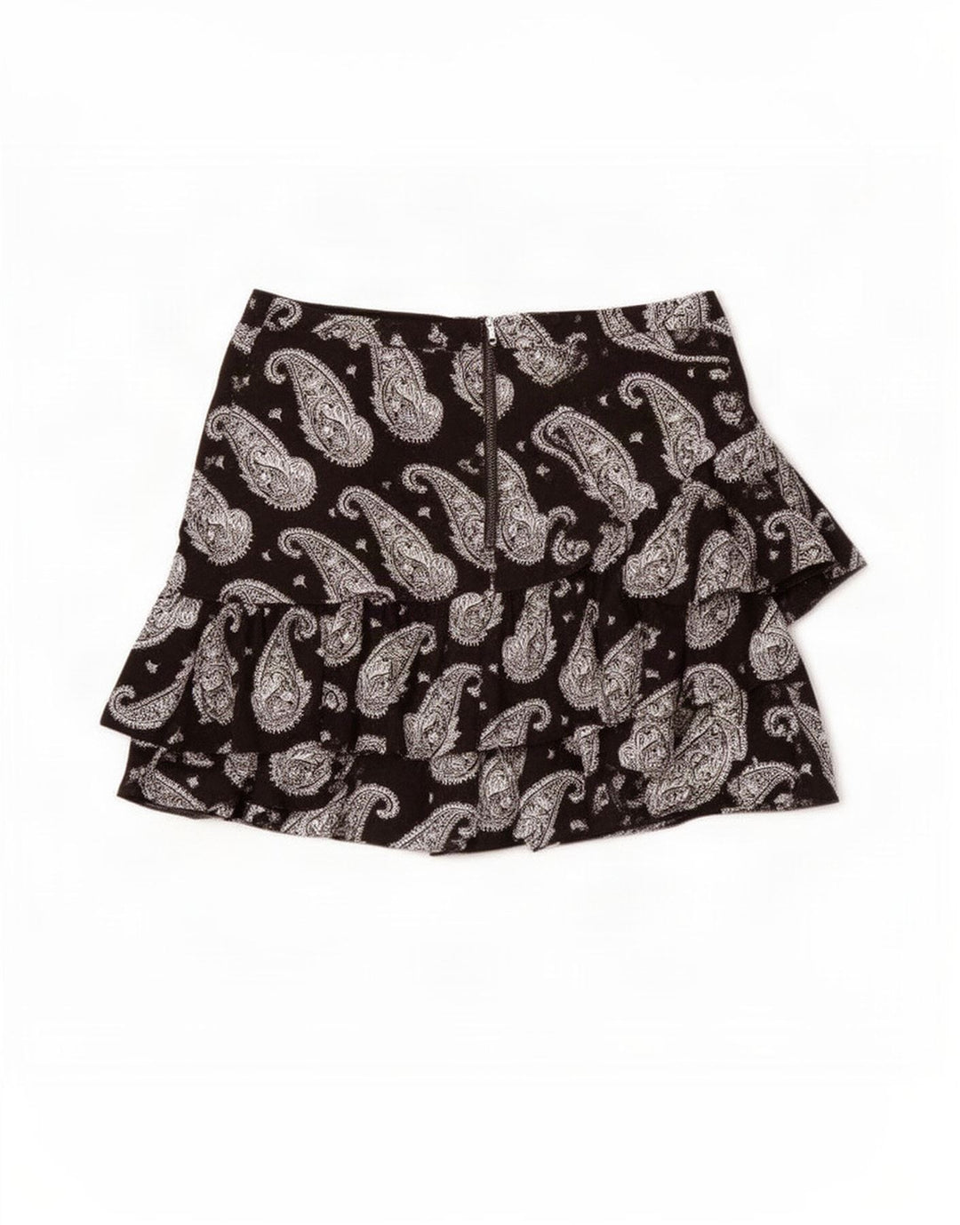 Ted Baker Mini-Rüschenrock für Damen, Größe 4, L, W32, schwarze Paisley-Viskose