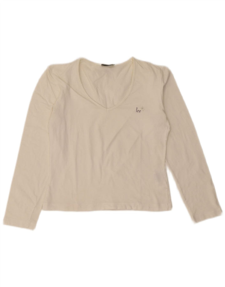 Lee Damen Crop Top Langarm UK 14 Large Weiße Baumwolle