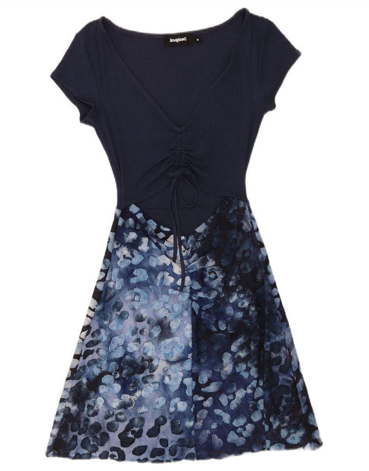Desigual Damen A-Linien-Kleid mit abstraktem Muster, UK 12, mittelblaue Viskose
