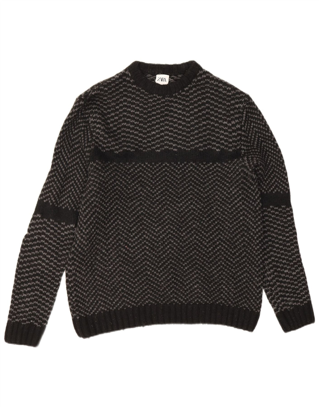Zara Herren-Pullover mit Rundhalsausschnitt, groß, schwarzes Chevron-Nylon