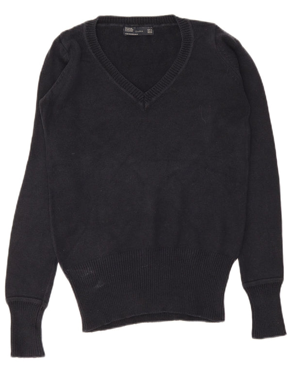 Zara Damen-Pullover mit V-Ausschnitt, UK 12, mittelmarineblaue Baumwolle