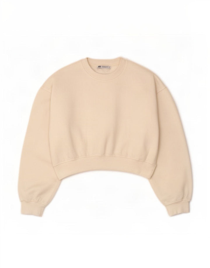 Zara Damen Crop Oversized Sweatshirt Pullover UK 14 Mittelweiße Baumwolle