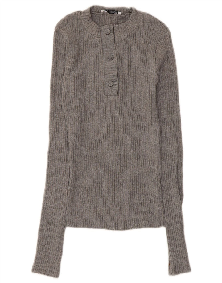 Zara Damen-Pullover mit Knopfkragen, Gr. 8, Größe S, graue Baumwolle