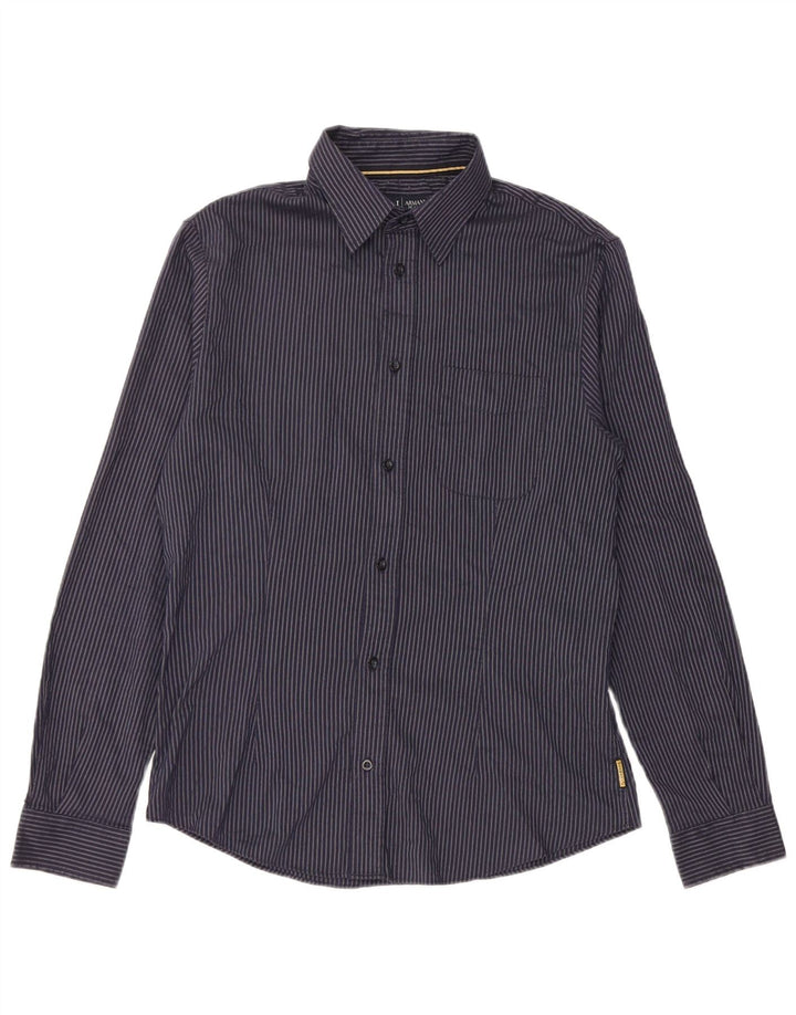 Armani Herren-Hemd, kariert, reguläre Passform, groß, marineblau, gestreift, Polyester