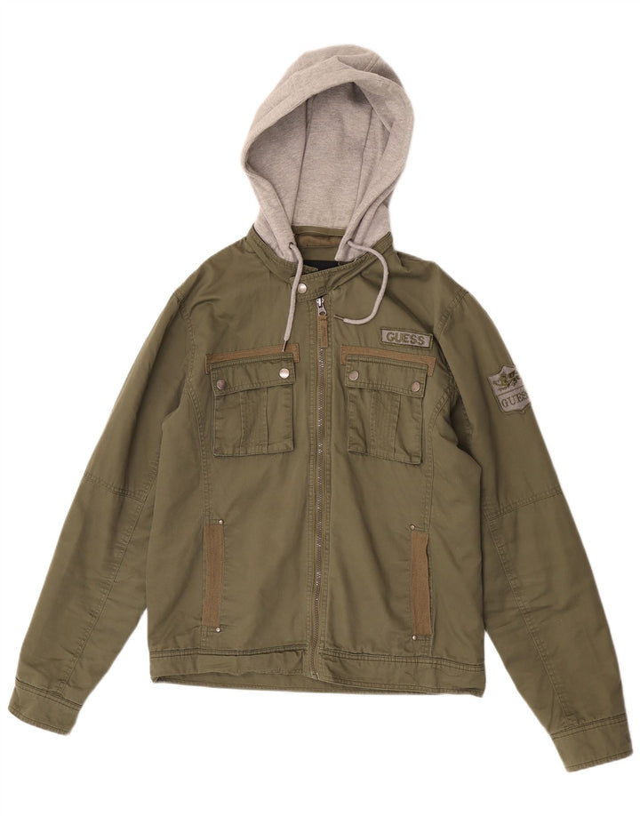 Guess Herren-Utility-Jacke mit grafischer Kapuze, UK 38, mittleres Khaki, Farbblock