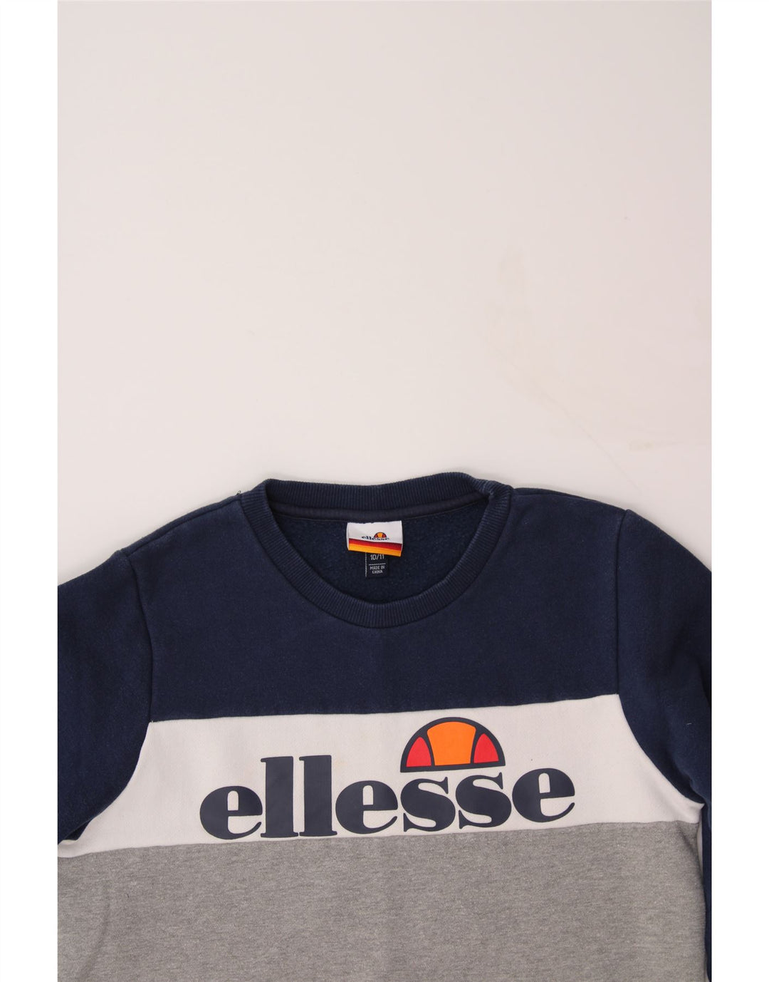 ELLESSE Boys Graphic Sweatshirt Jumper 10-11 Years Navy Blue Colourblock Vintage Ellesse and Second-Hand Ellesse from Messina Hembry 