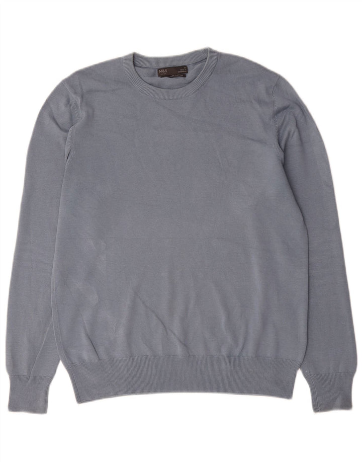 Marks & Spencer Herren-Pullover mit Rundhalsausschnitt, mittelblaue Baumwolle
