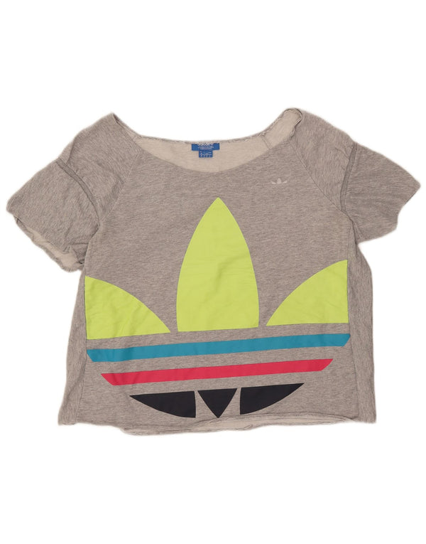 Adidas Damen Crop Oversized Graphic T-Shirt Top UK 16 Large Grau meliert