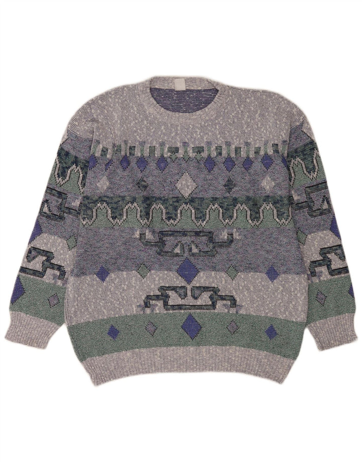 Vintage Herren Pullover mit Rundhalsausschnitt, groß, blau, geometrisch
