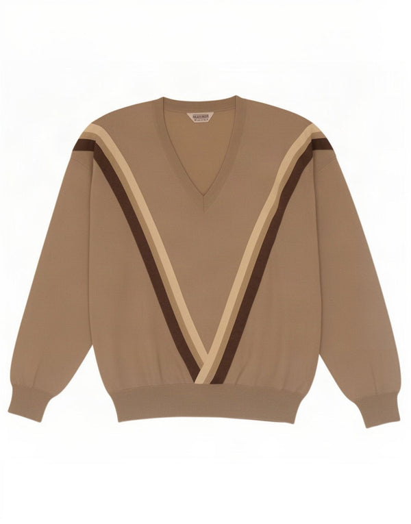 Masque Herren-Pullover mit V-Ausschnitt, XL, beige, gestreifte Schurwolle