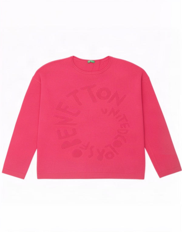 Benetton Mädchen-Pullover mit Grafik, bauchfrei, U-Boot-Ausschnitt, 10–11 Jahre, XL, Rosa