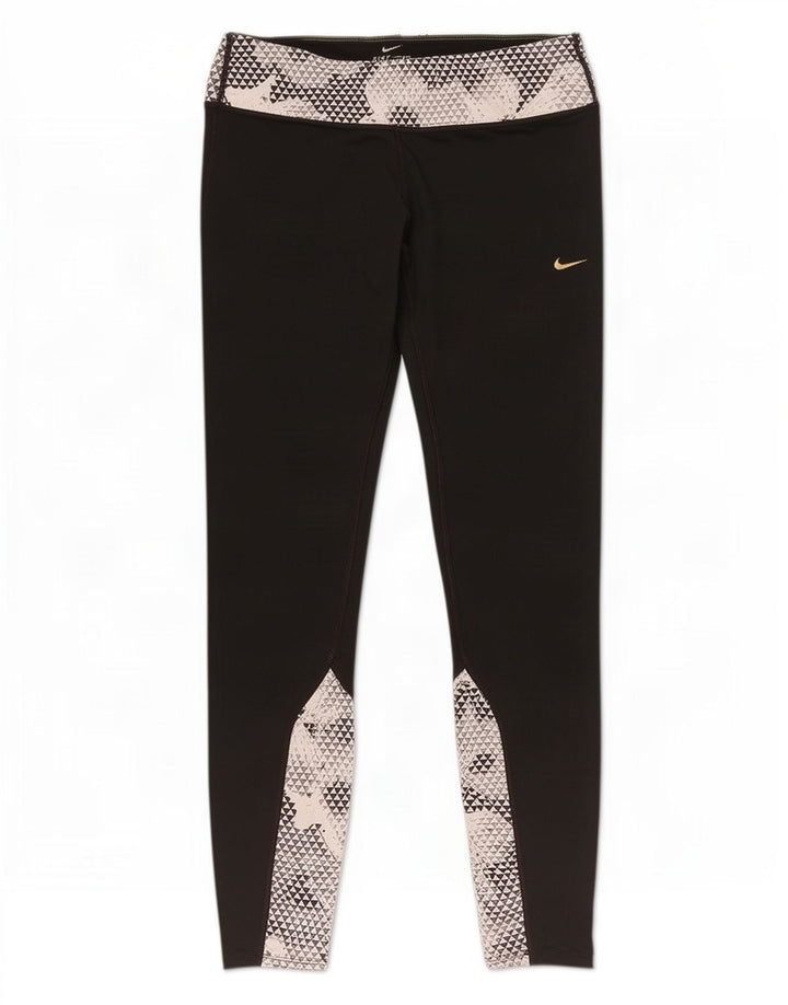 Nike Damen Dri Fit Leggings UK 14 Mittelschwarzes geometrisches Polyester