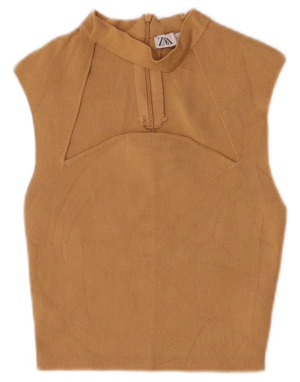 Zara Damen Crop Ärmelloses Blusenoberteil UK 8 Small Beige Nylon